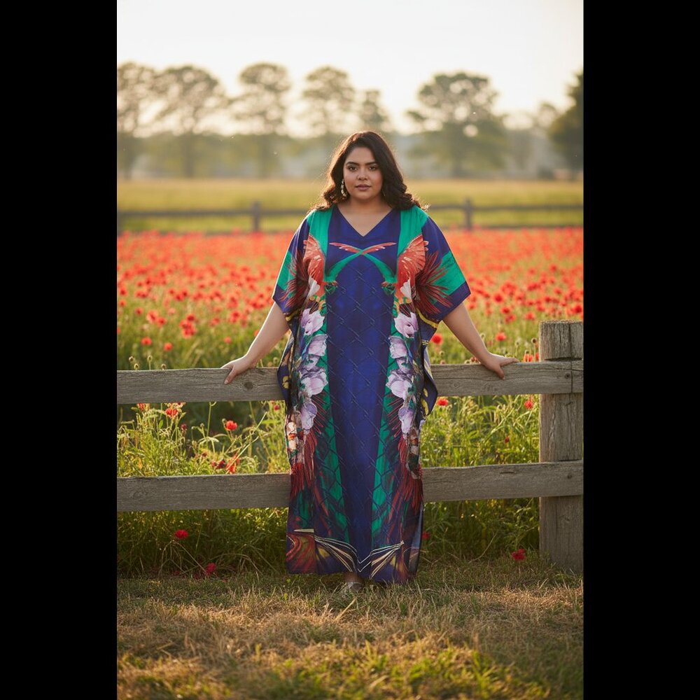 Gypsie Blu Kimono Sleeves V-Neck Maxi Dress Comfy Moo Moos Beachwear Kaftan